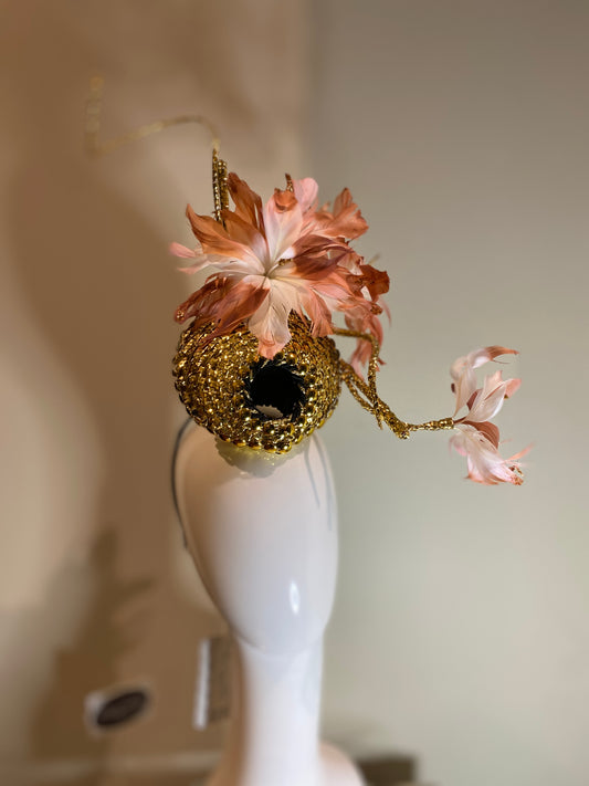 Gold Hand Woven percher with feather tree