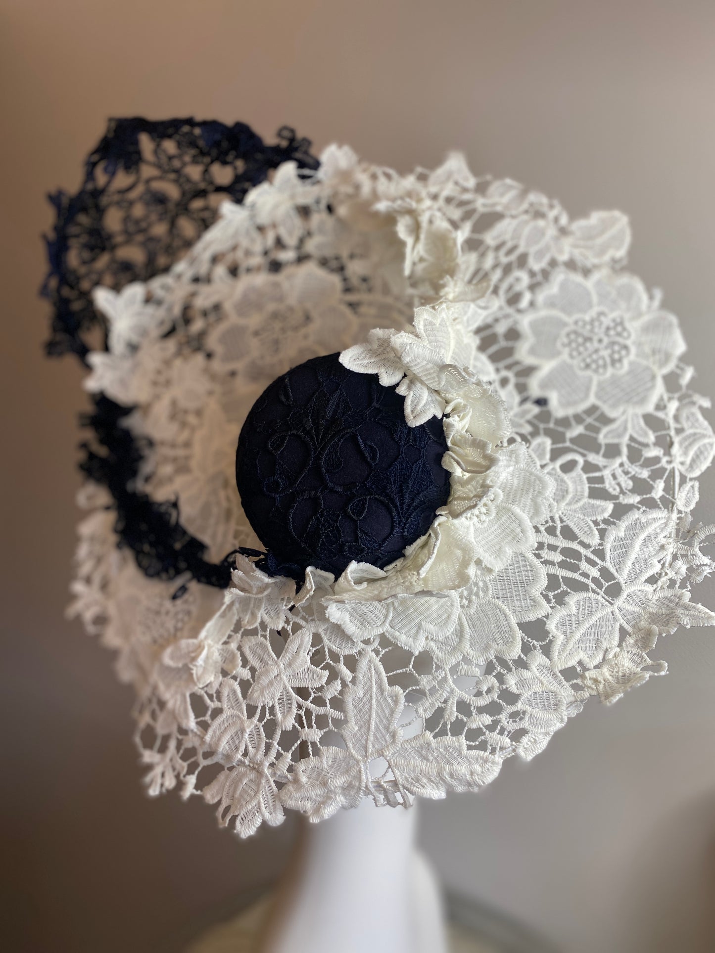 Navy and white lace boater