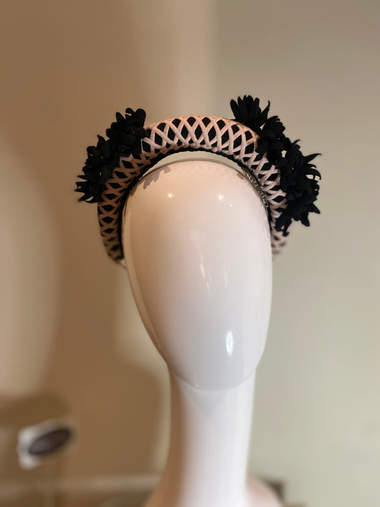 Black blocked headband with musk Guipure lace overlay and leather flowers