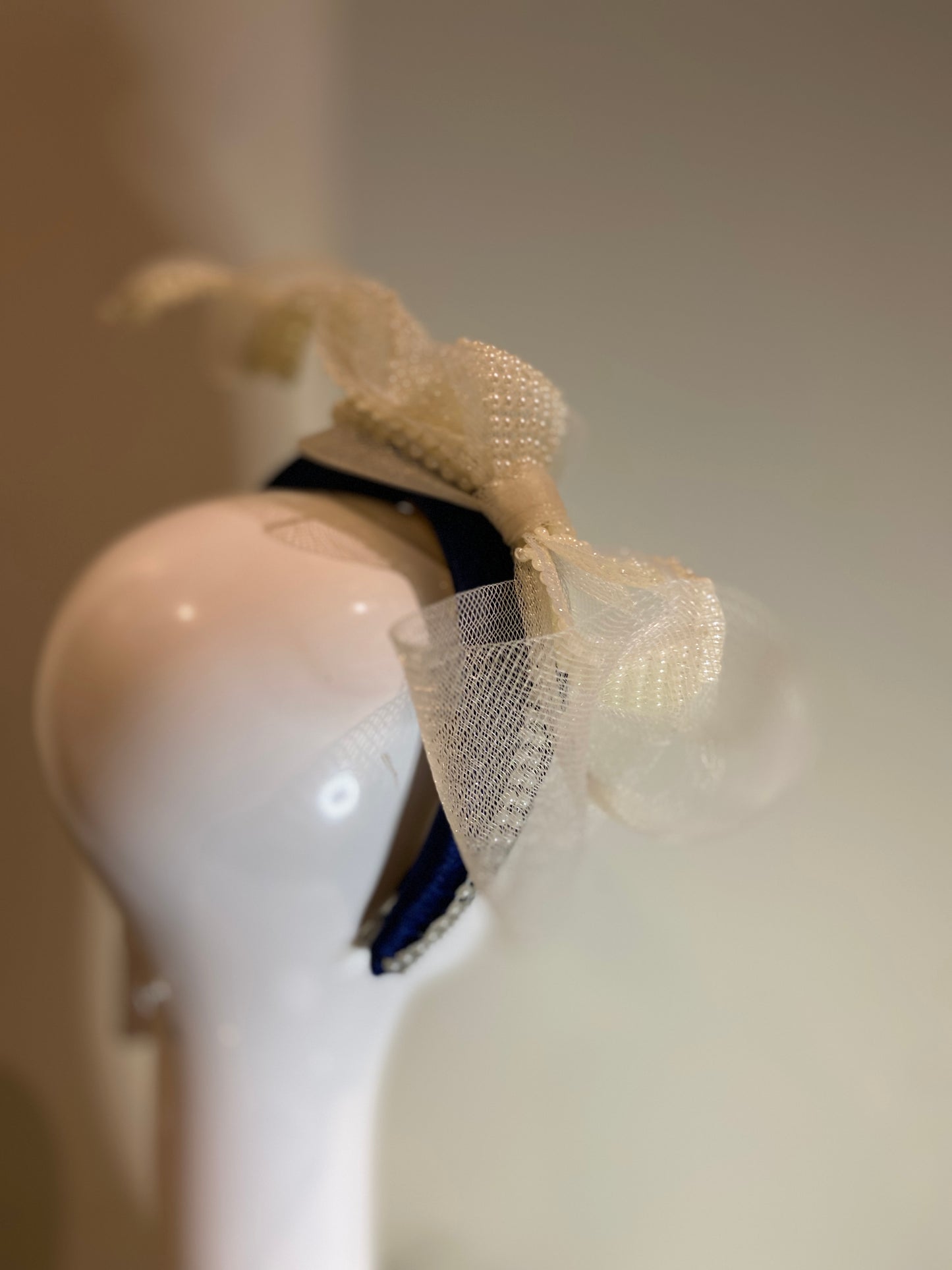 Navy and cream pearl bow headband