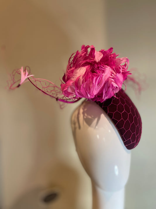 Maroon felt percher with pink veil overlay and pink feather flowers