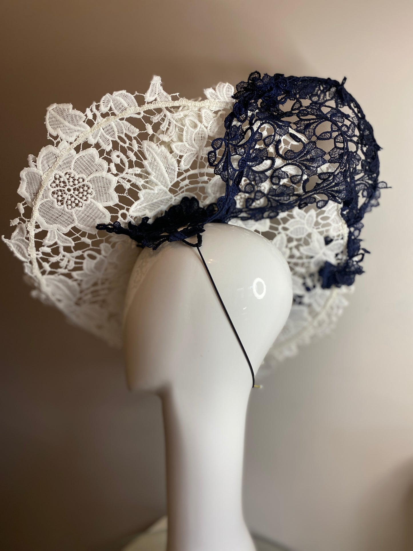 Navy and white lace boater