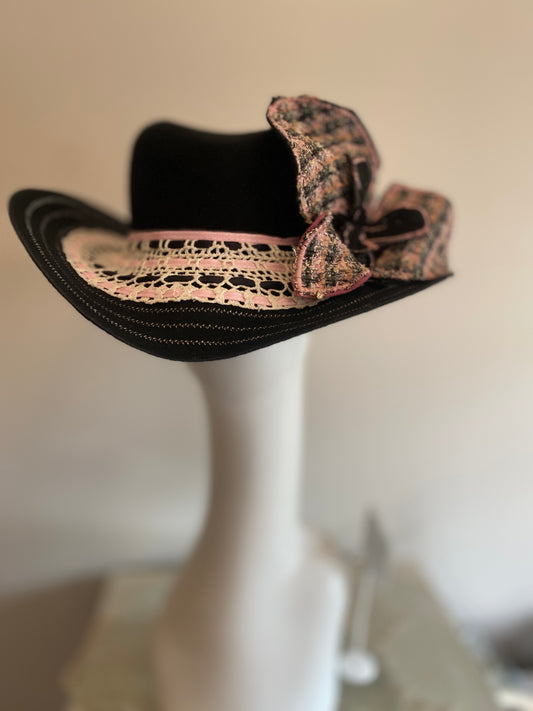 Black and white wool felt fedora with handmade fabric orchid.