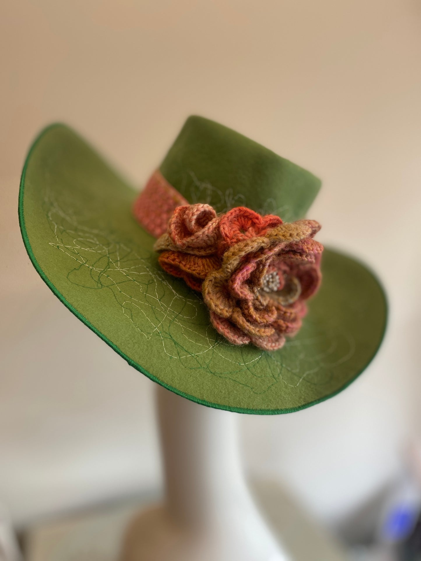 Green wool felt fedora with handmade crochet flower