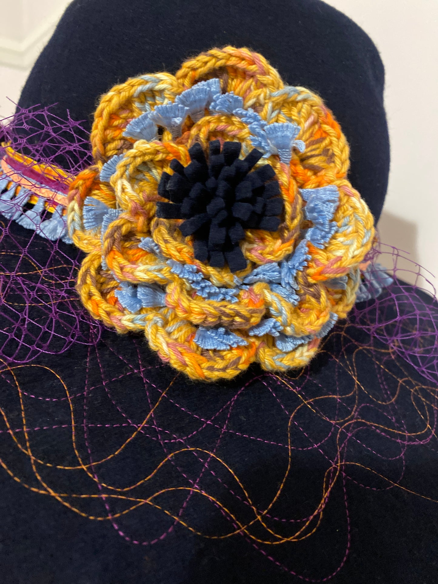 Navy wool felt fedora with handmade crochet flower and  handmade flower brooch
