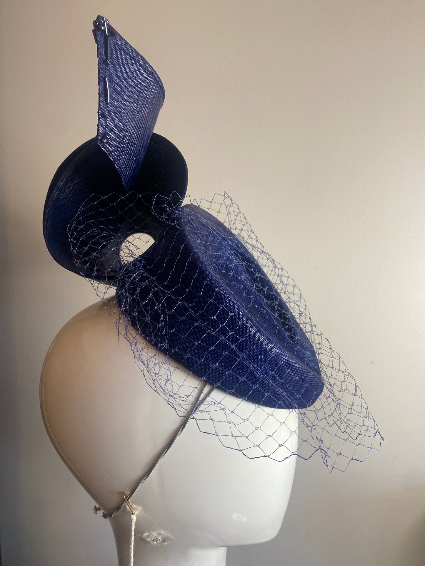 Navy straw percher with vintage veil