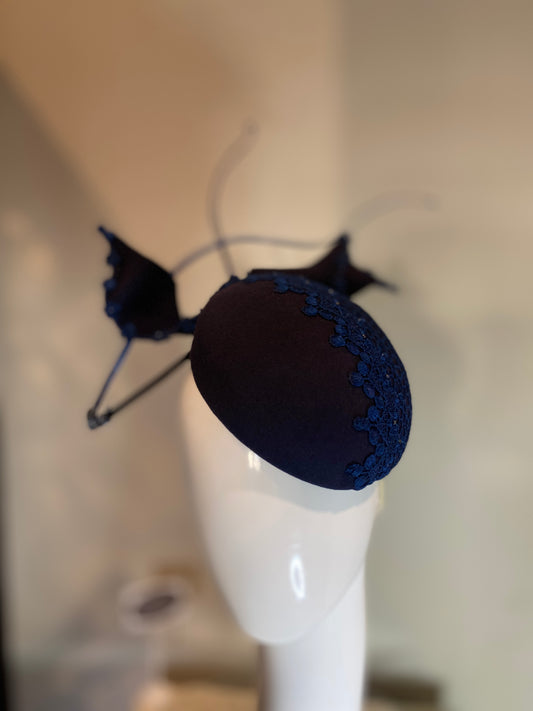 Navy felt percher with lace overlay and beads