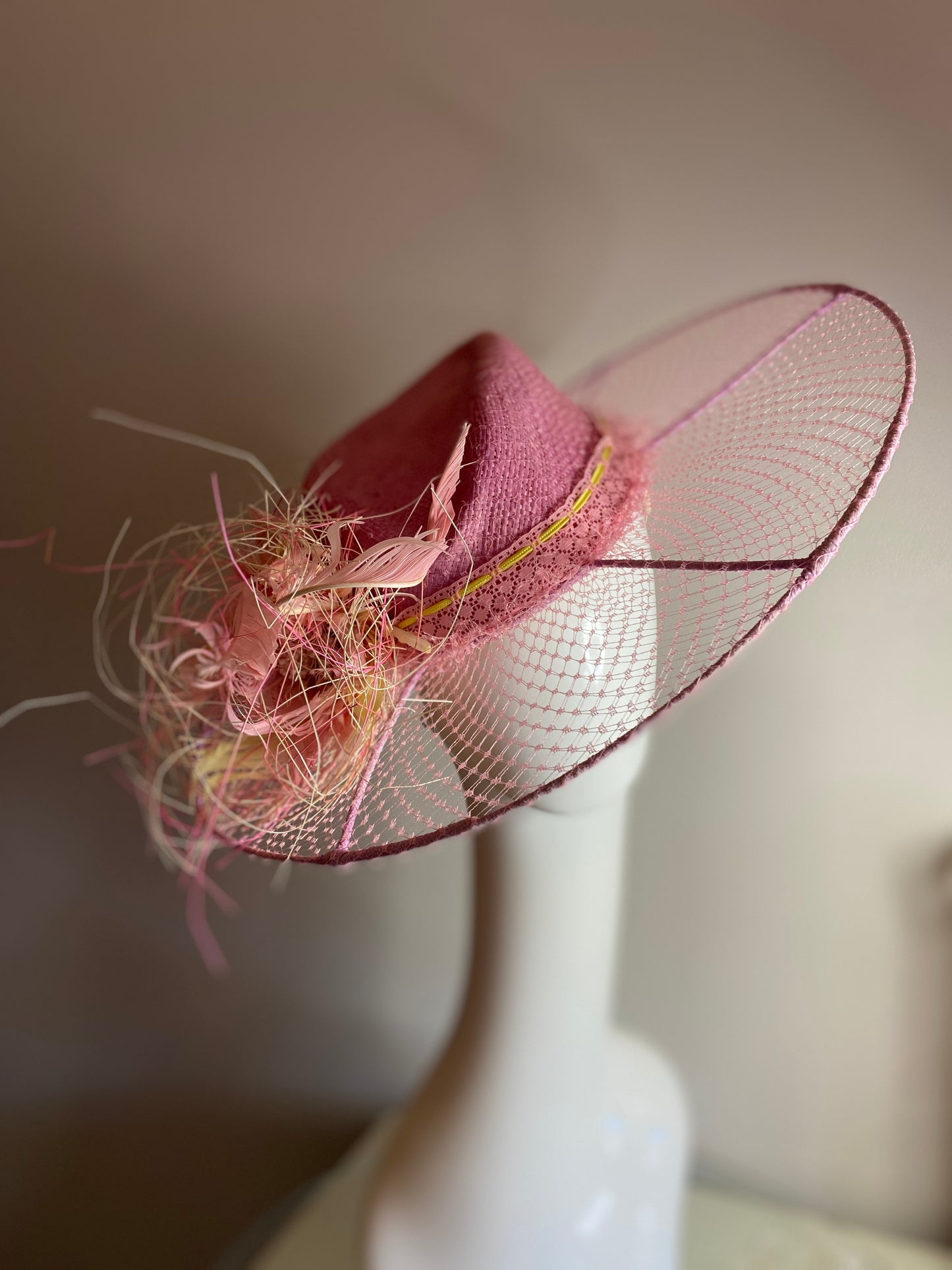 Pink fedora hat with veil brim