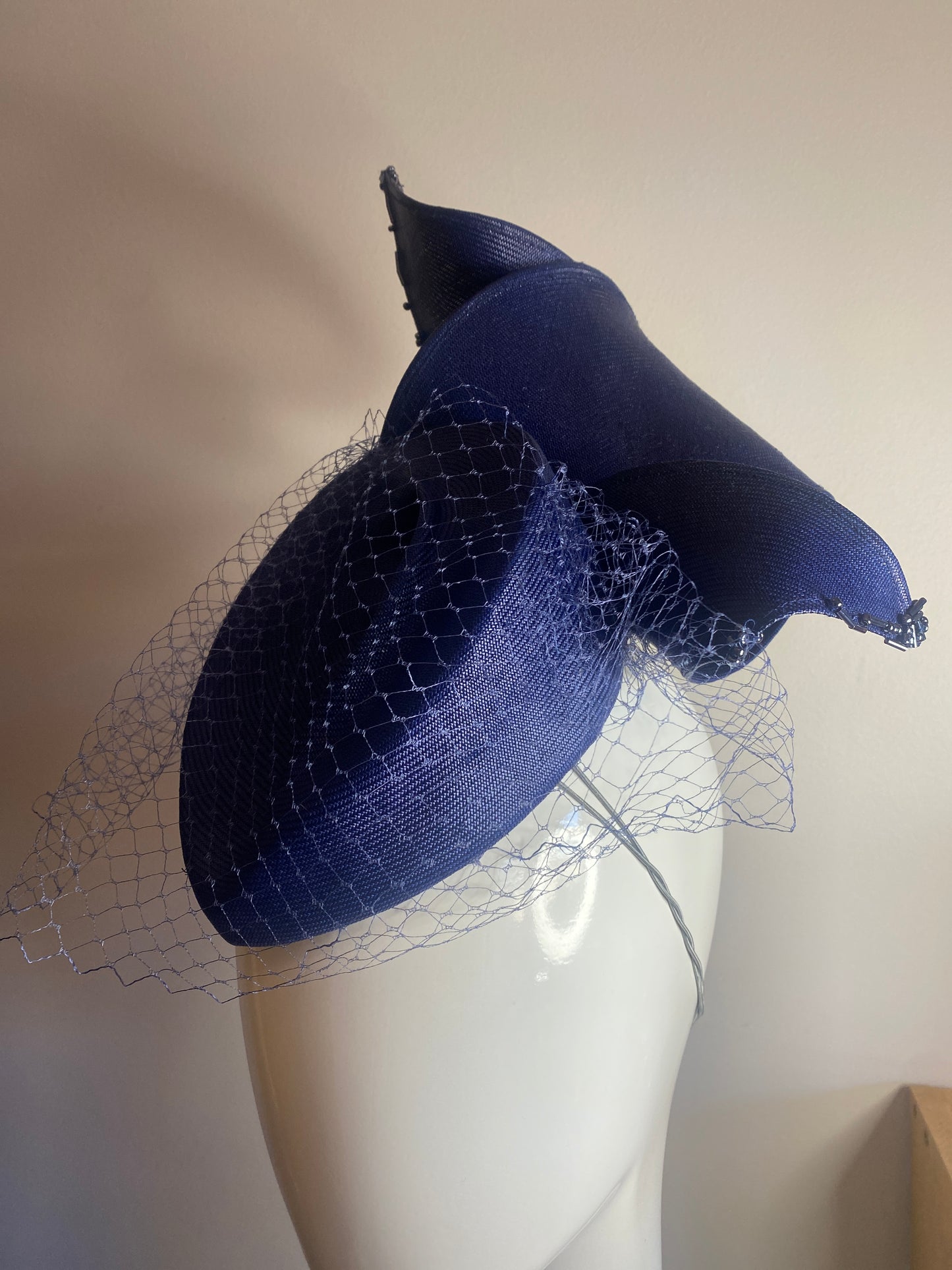 Navy straw percher with vintage veil