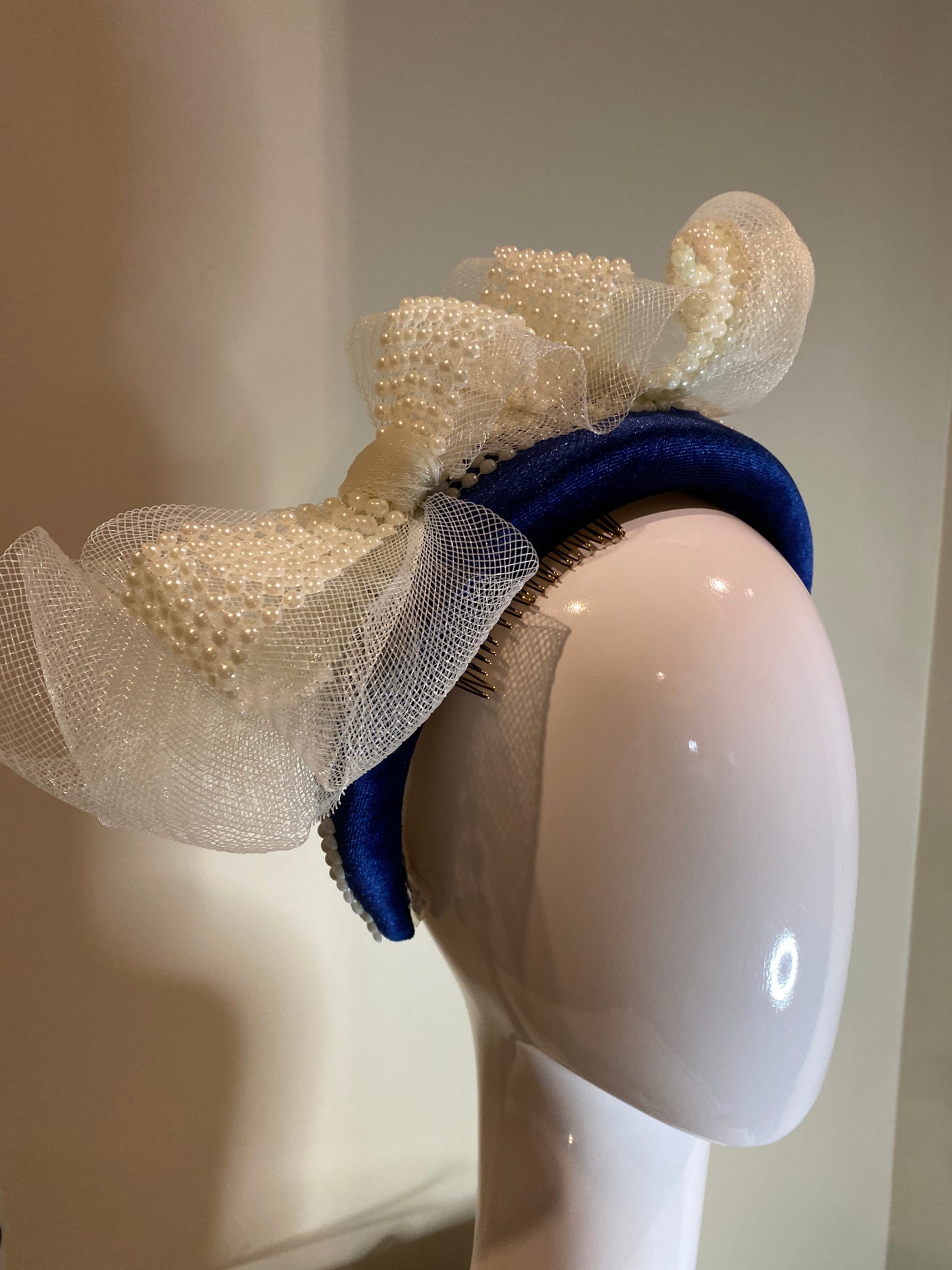 Navy and cream pearl bow headband