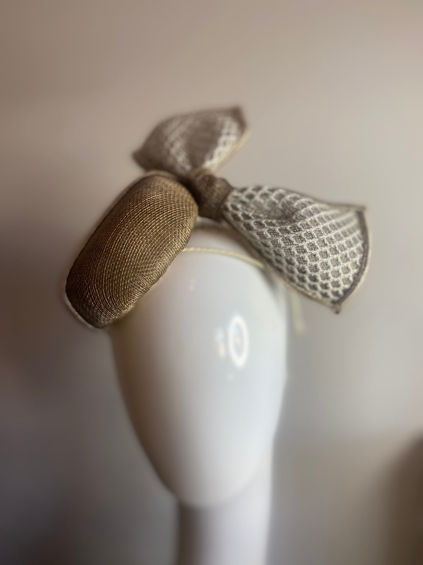 White and Gold straw button with mesh and bow